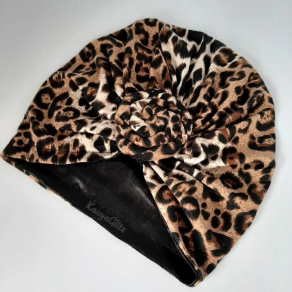 Turban Women Leopard Turban Satin Lined Winter Beanie Chemo Headwear Hair Wraps - Picture 2 of 2